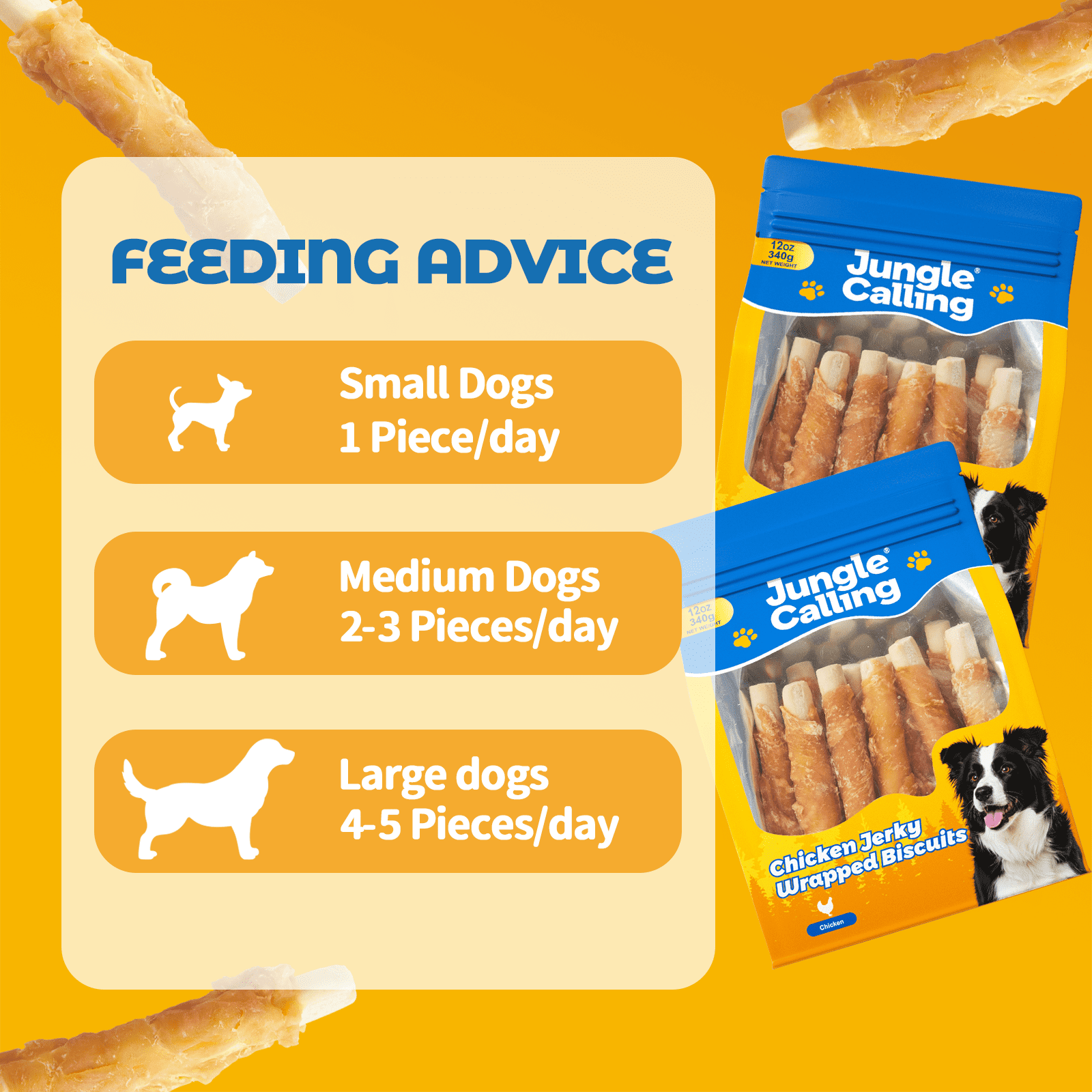 (5 pack) Jungle Calling Dog Treats, Chicken Wrapped Biscuits for All Dogs, Rawhide Free Soft Chewy Treats, 12 oz