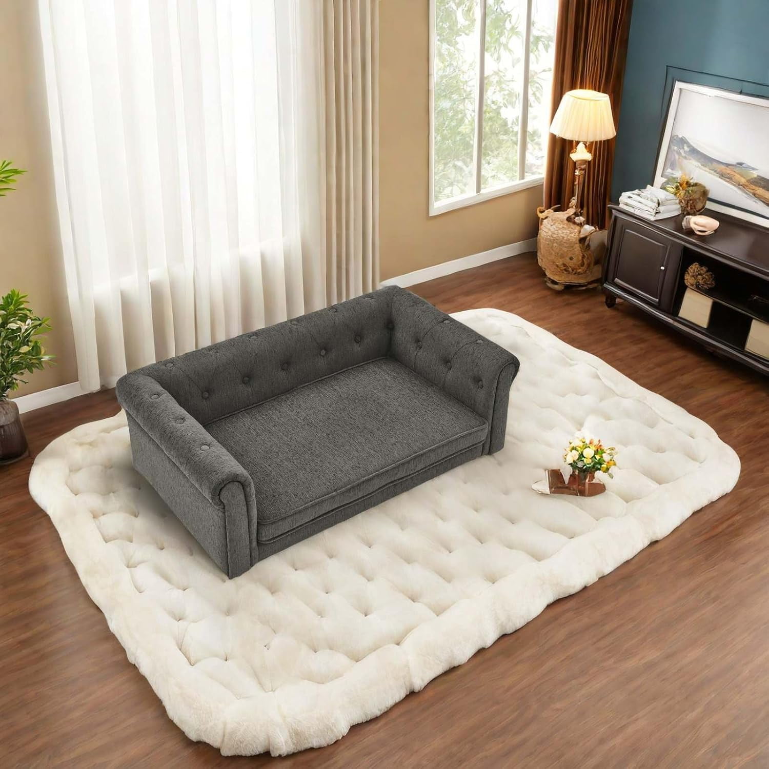 Elegant Pet Sofa, Premium Tufted Fabric Dog Couch, Comfortable & Stylish Pet Furniture, Perfect for Medium to Large Dogs, 38.9"x23.2"x13.7" H, Dark Gray