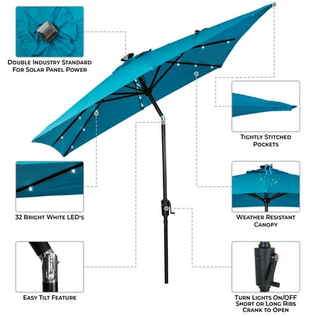 Sun Ray - 9'x7' Rectangular Solar Lighted Umbrella - Teal