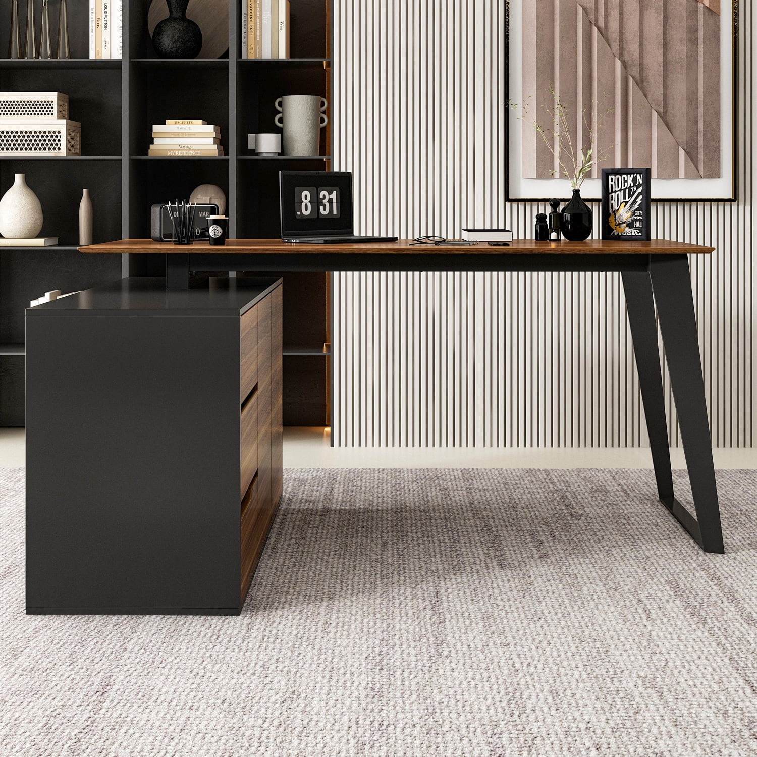 KULAGAGA L Shaped Computer Study Desk with Cabinet and 3 Drawers, Corner Writing Workstation Table with Metal Legs for Home Office, Walnut