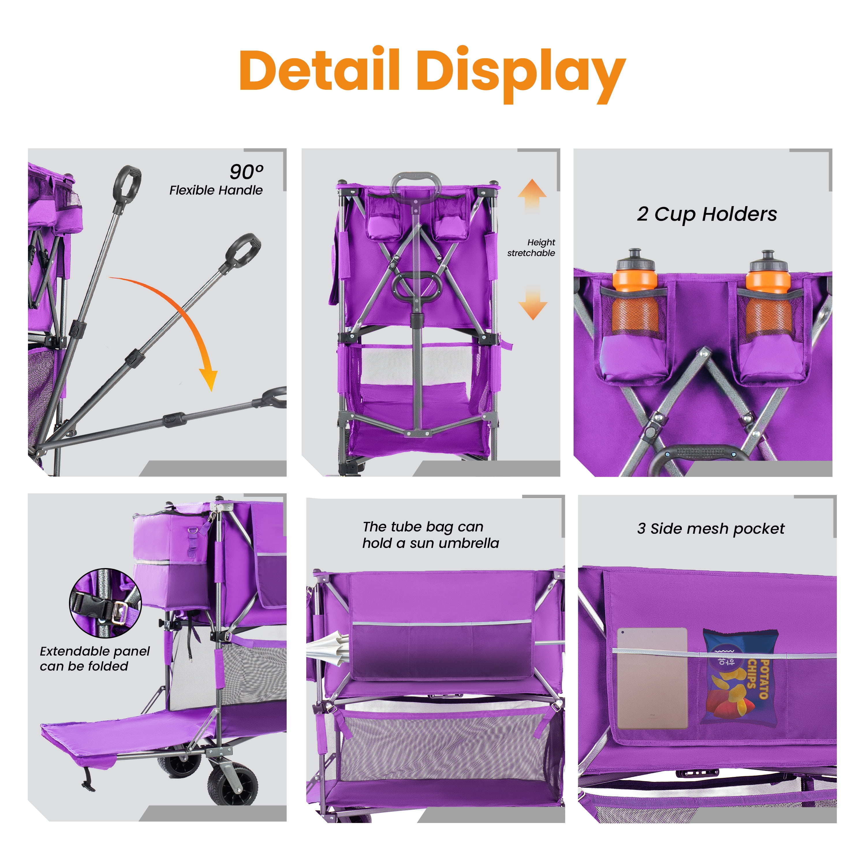 55 Inch Heavy Duty Double-Decker Folding Wagon, Purple 560LBS Capacity Collapsible Cart, 650L Large Storage with 7"×4" All-Terrain Wheels & Dual Brakes for Camping, Fishing, Sports
