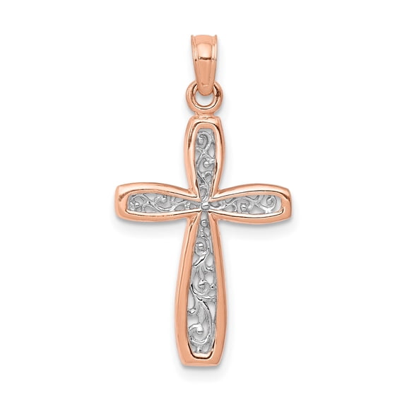 14k Rose Gold Cross Pendant for Women with White Gold Filigree, Christian Religious Jewelry Symbolizing Faith and Devotion, Elegant Catholic Spiritual Necklace