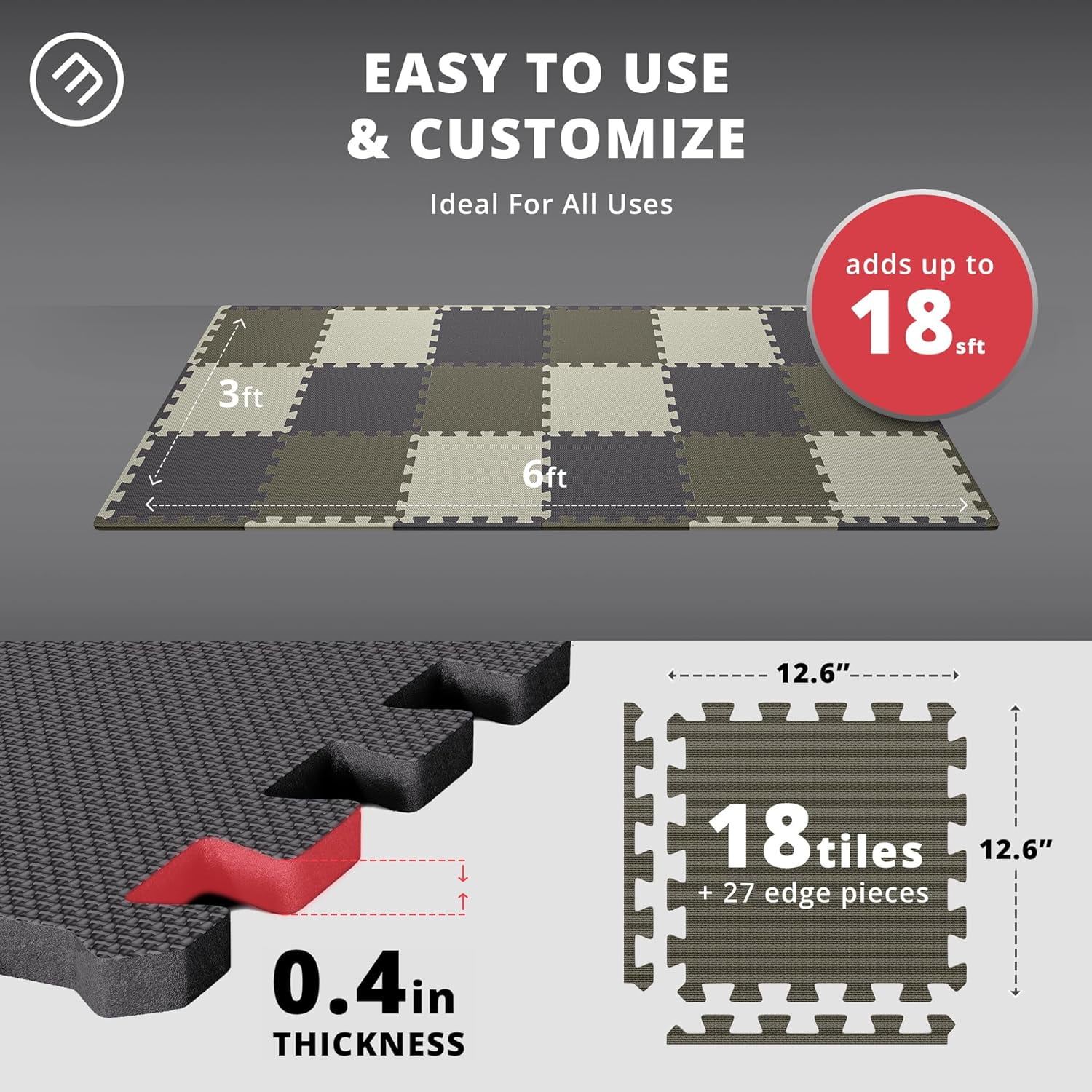 bemaxx Gym Mats Set-18pcs EVA Interlocking Foam Floor Tiles (12.6"x12.6"x0.4") 18sqft Protective Gym Flooring Sports Home Workout Exercise Mats Puzzle Garage Fitness Play-Room Garage Pool Treadmill