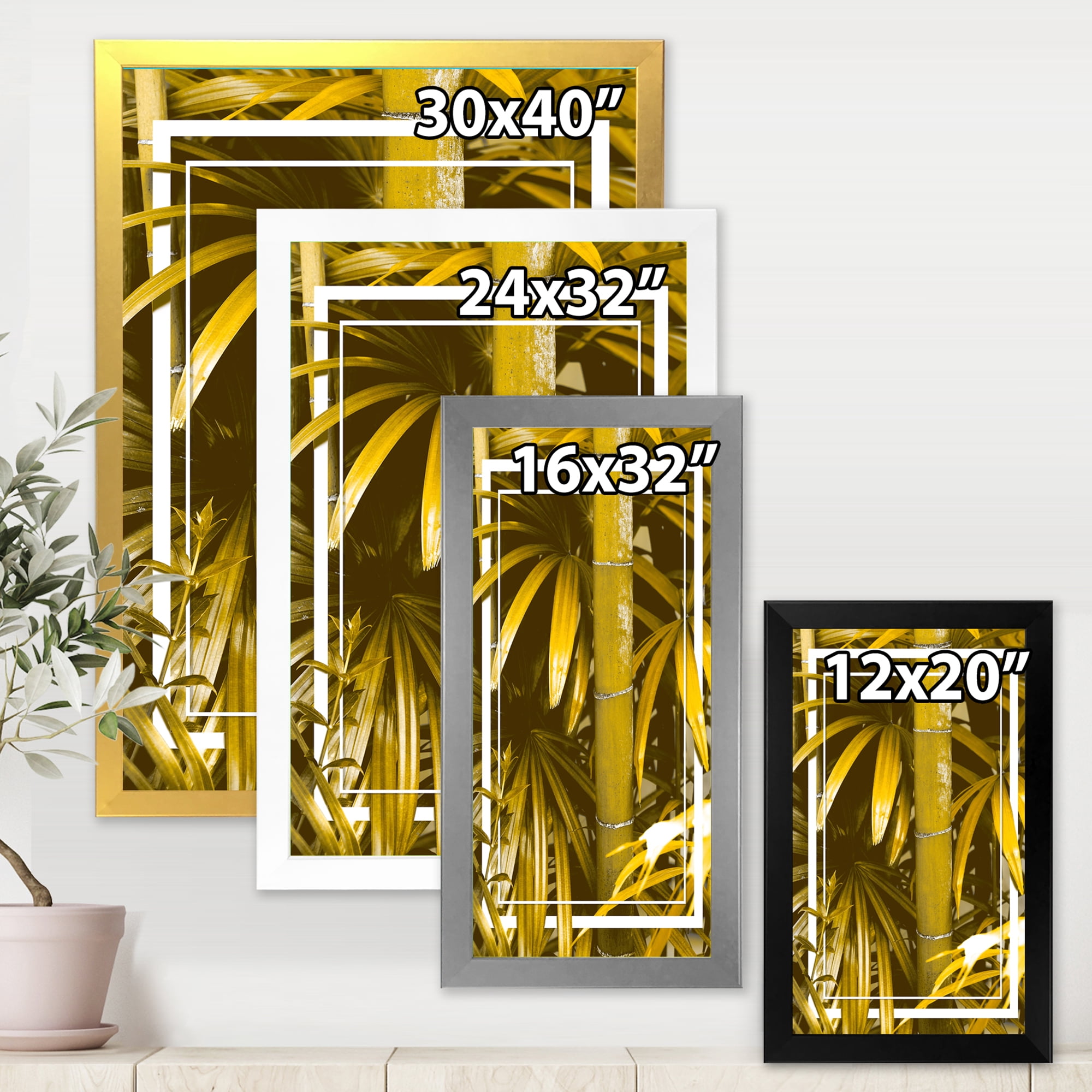 Designart 'Tropical Leaves and Yellow Bamboo' Tropical Framed Art Print