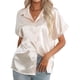 thumbnail image 1 of Blusa de seda satinada para mujer, camisa informal con botones de un solo pecho, manga corta, cuello vuelto, color champán XXL, 1 of 5