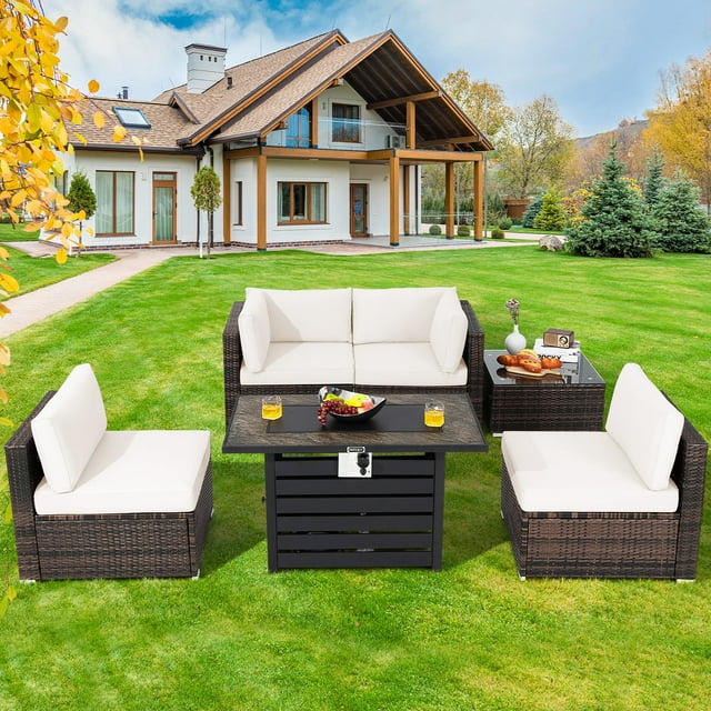 Costway 6PCS Patio Rattan Furniture Set 42" Fire Pit Table Cover Sofa Cushion Off White