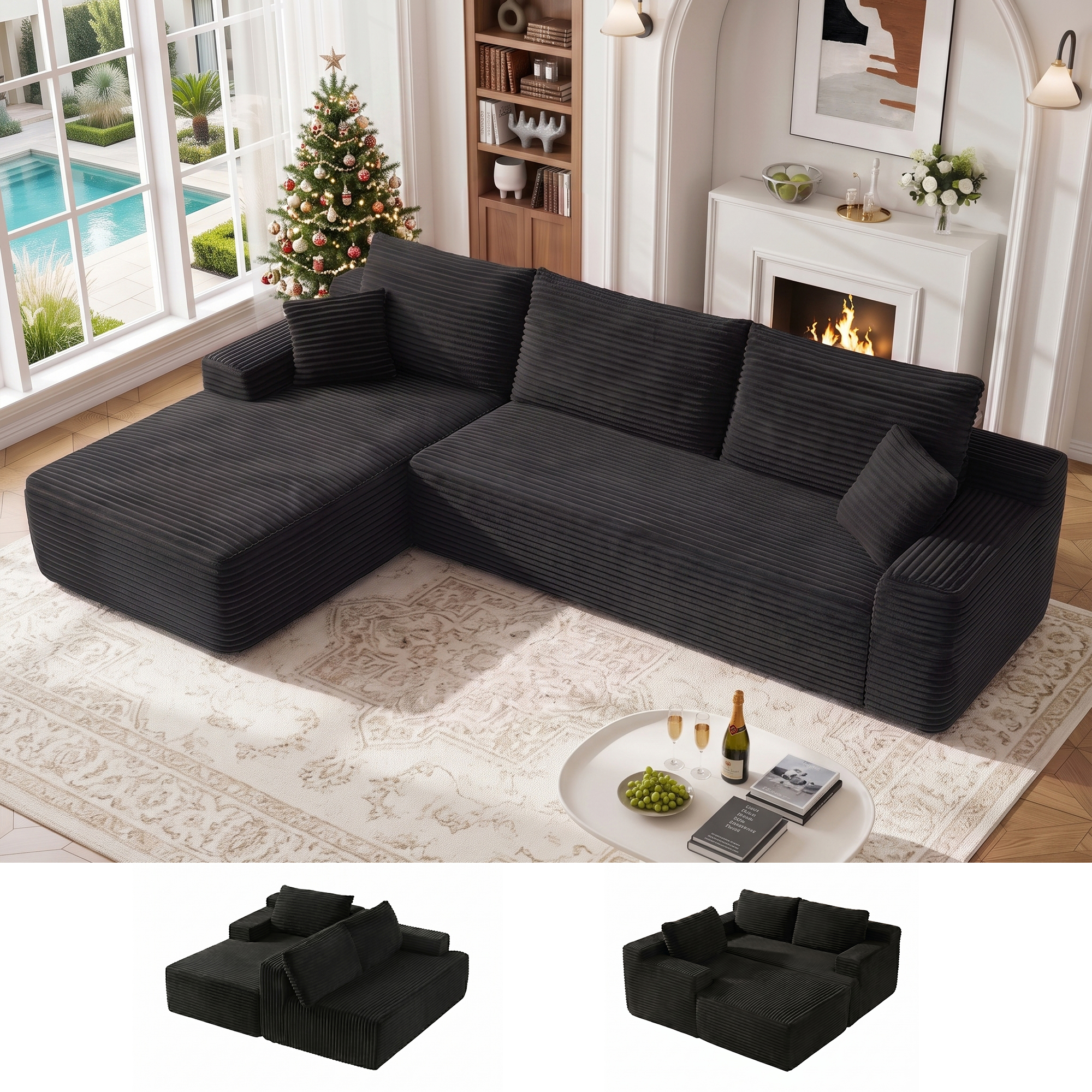 Aukfa 107" Boneless Modular Sectional Sofa, L-Shaped Corduroy Couch with Deep Seat and Left-Facing Chaise for Living Room, Black