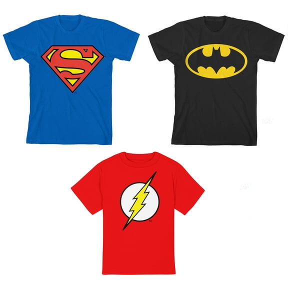 DC Superhero Batman Superman Flash Logos Youth 3-Pack Crew Neck Short Sleeve T-shirts