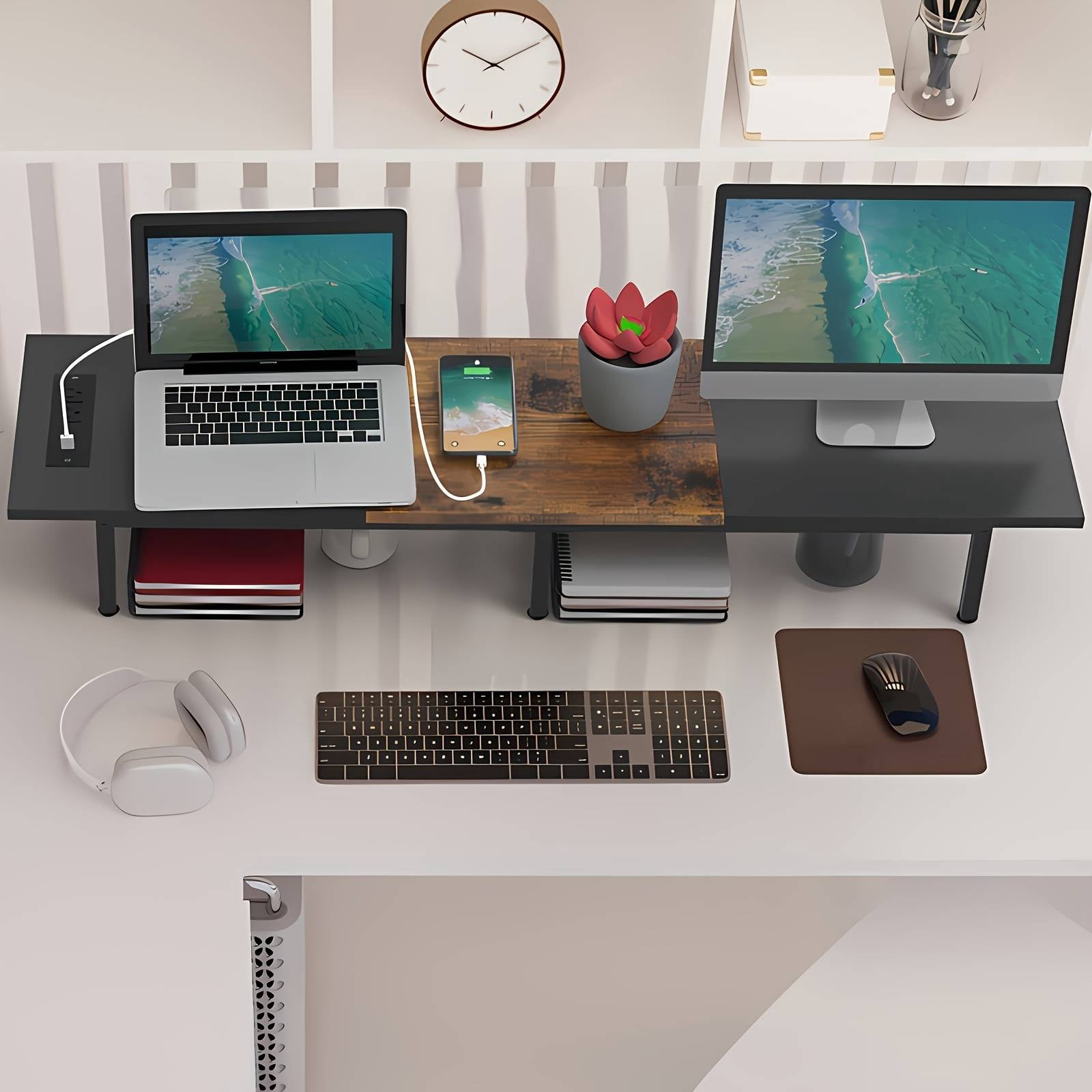 37.5" Extra Long Dual Monitor Stand Riser, Wood & Steel Desktop Organizer for 2 Monitors, TV/Laptop/Printer Holder with Integrated USB Ports, Black&Brown