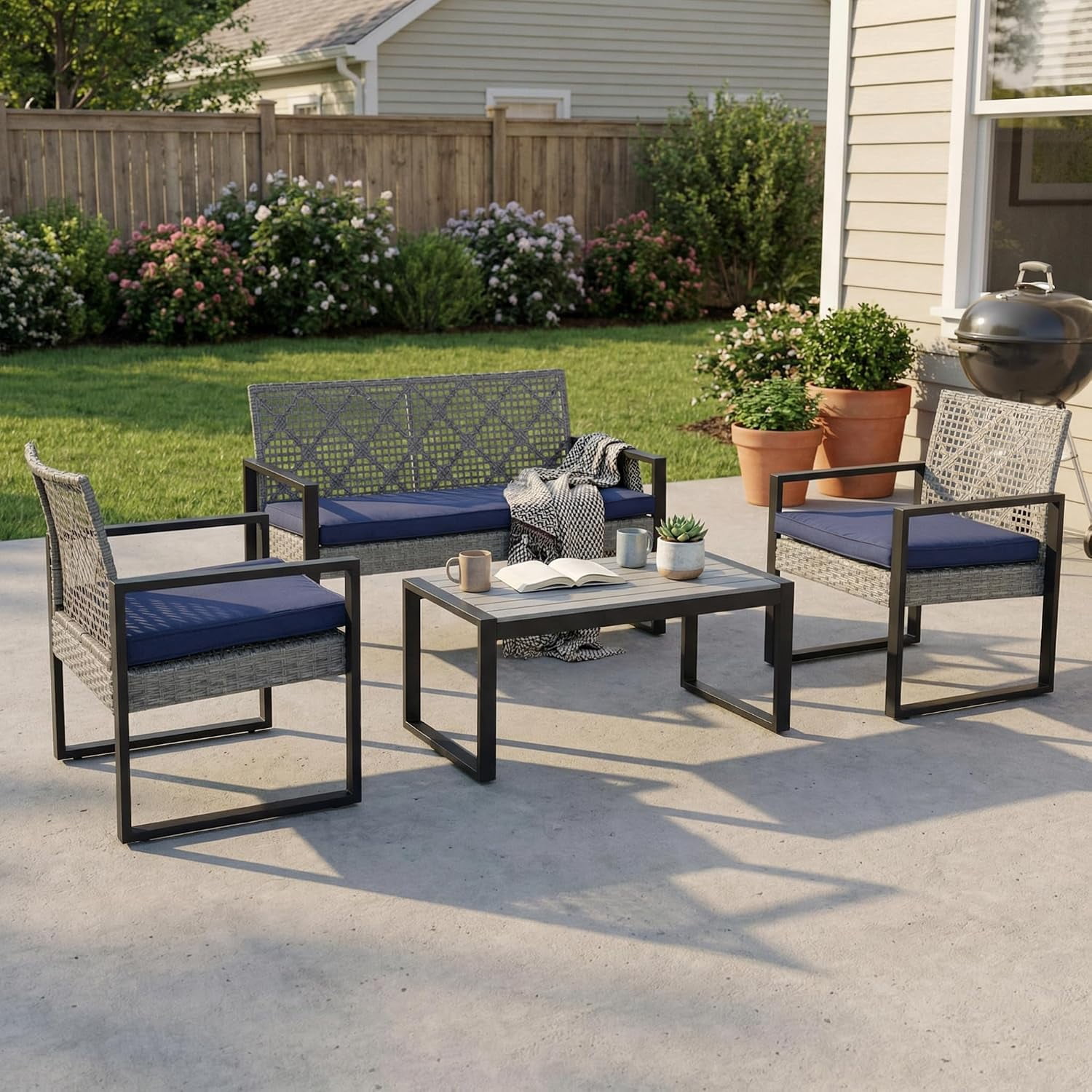 4-Piece Outdoor Patio Furniture Set, Acacia Wood Table Top, Light Gray Rattan with Blue Cushions
