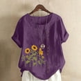 thumbnail image 2 of Lovskoo Oversize Cotton Linen Tops for Women Floral Butterfly Print Summer Blouses Casual Round Neck Short Sleeve Loose Shirt Purple, 2 of 5