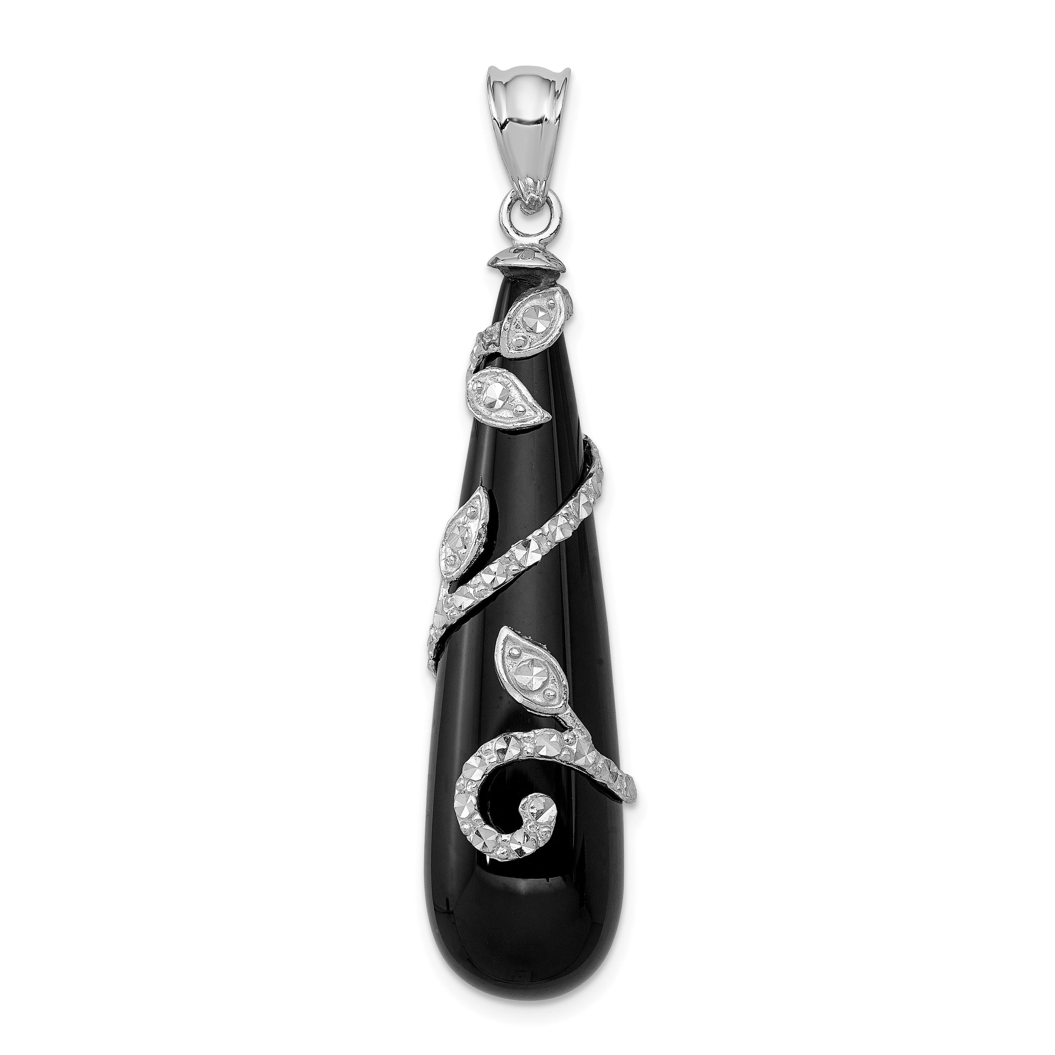 925 Sterling Silver Polished & Diamond-Cut Teardrop Black Onyx Charm Pendant 