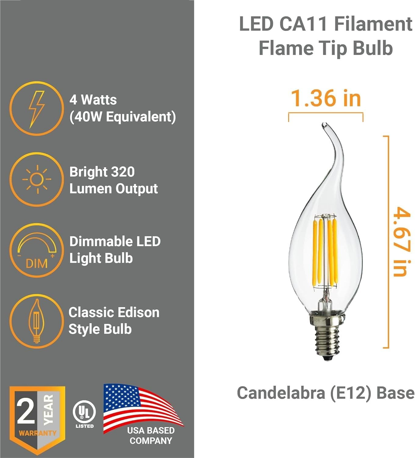 Diodesy- Pack of 6 CFC/LED/FS/4W/E12/D/CL/18K E12 LED Candelabra Bulbs, Dimmable, 4W (40W Equivalent), Vintage Chandelier Candle Light Bulb, 1800K Candlelight, Edison Bulbs for Ceiling Fan, ETL Listed