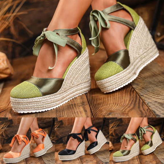 Pandaie Womens Wedge Espadrille Ankle Strap Closed Toe Platform Heeled Sandals Comfortable Lace up Beach Vacation Summer Shoes (Black,6)