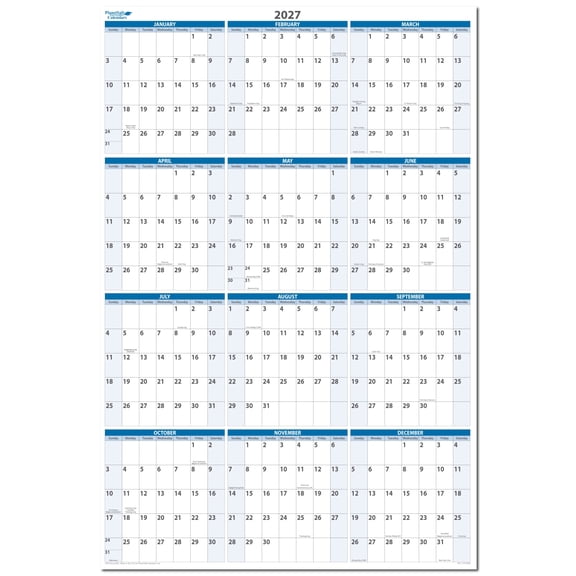 2027 Annual 48x32 Inch Vertical Wall Calendar 12-Month Planner with Wet Dry Erasable Surface, Includes Marker Eraser Holder for Office Home , Sky Blue