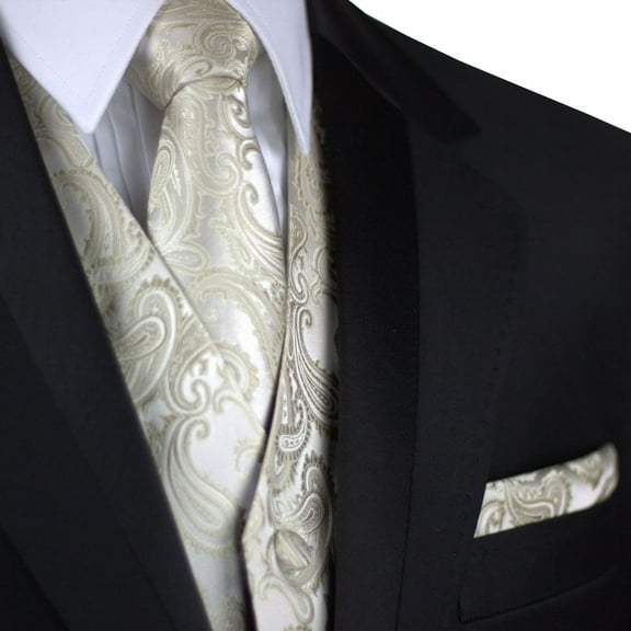 "BEST TUXEDO" Men's Formal, Wedding, Prom, Homecoming, Tuxedo Vest, Tie & Hankie Set in Champagne Paisley