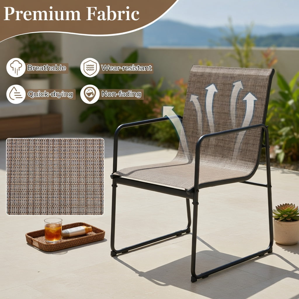 Hommoo 4-Piece Outdoor Dining Chair Set, Breathable Fabric Patio Chairs with Powder-Coated Steel Frame, Brown+Black