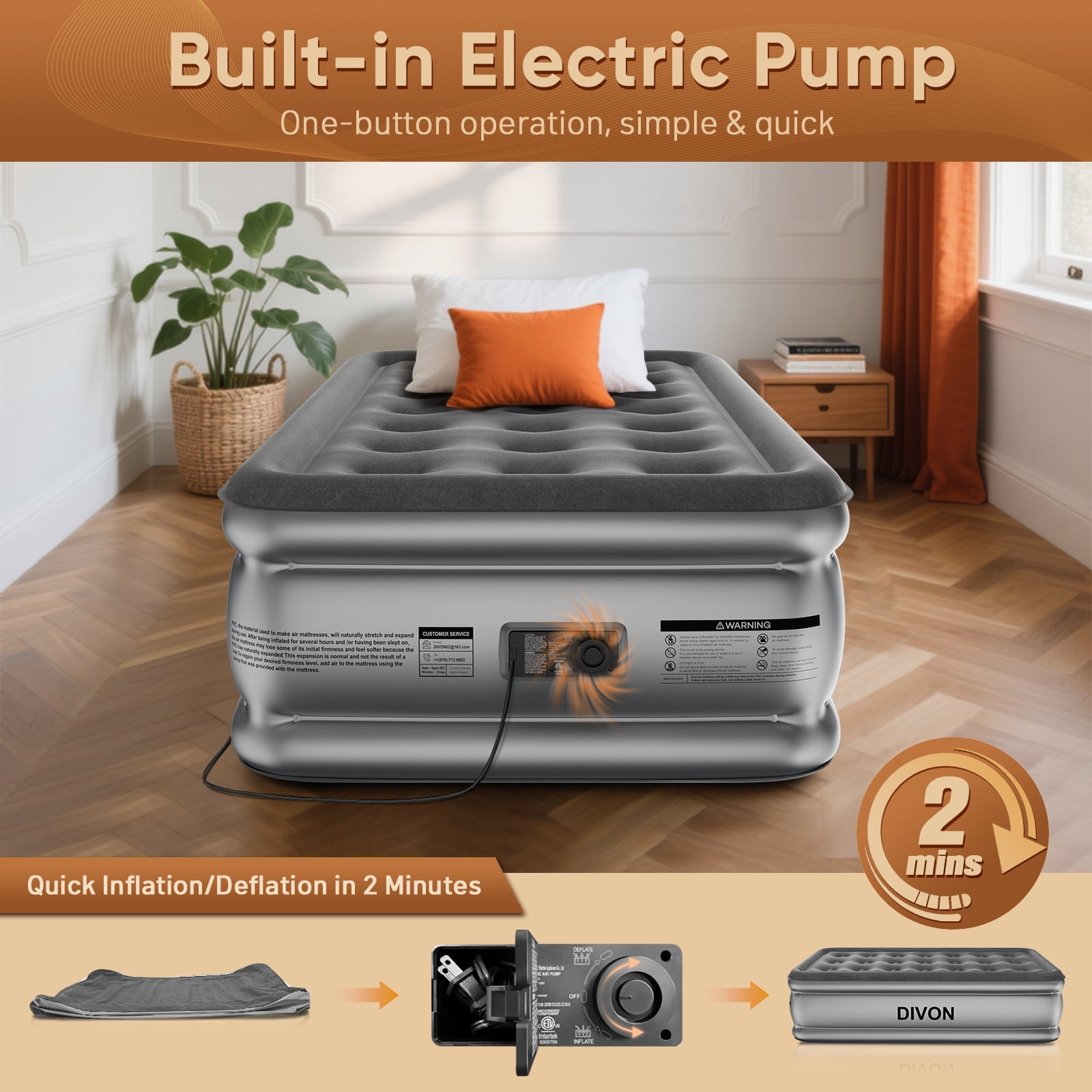 Divon Twin Air Mattress with Built-In Pump, 18-inch Elevated Inflatable Airbed, Portable Blow Up Bed for Guests, Game Night Sleepovers, Gray