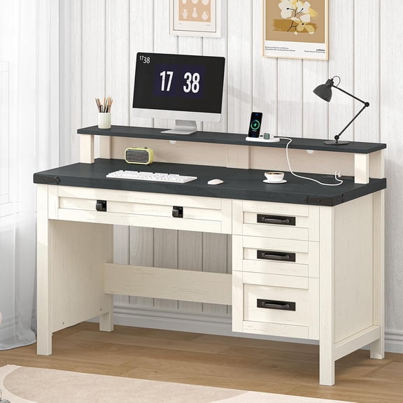 YOMILUVE Farmhouse Computer Desk with Drawers, 47" Small Computer Desk with Power Outlets, Home Office Desk with Monitor Stand & 4 Drawers, Writing Study Table, Black & White