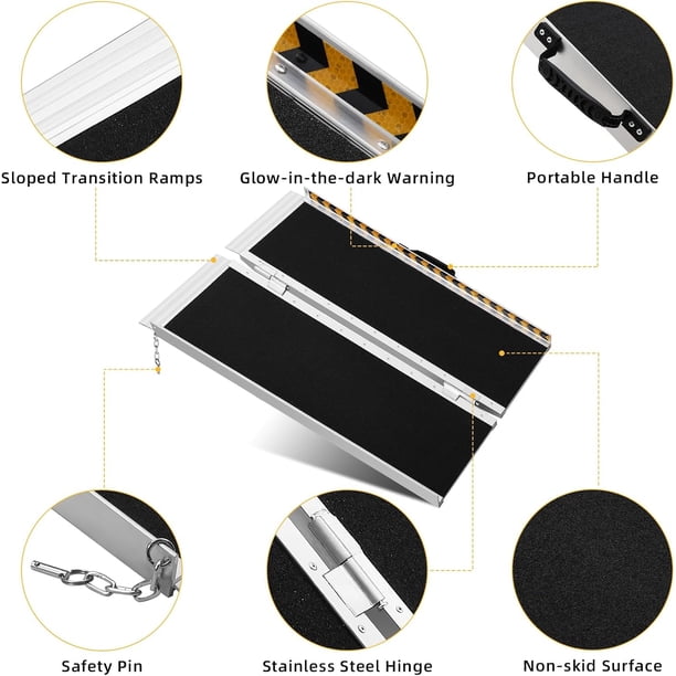 Historyli Rampa Plegable de Aluminio 2FT con Mango, para Silla de Ruedas, Escalones, Portátil, Negro