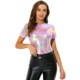 thumbnail image 1 of INSPIRE CHIC Women's Party Metallic Textured Short Sleeve Shiny Multi Color Top Shiny Pink L, 1 of 4