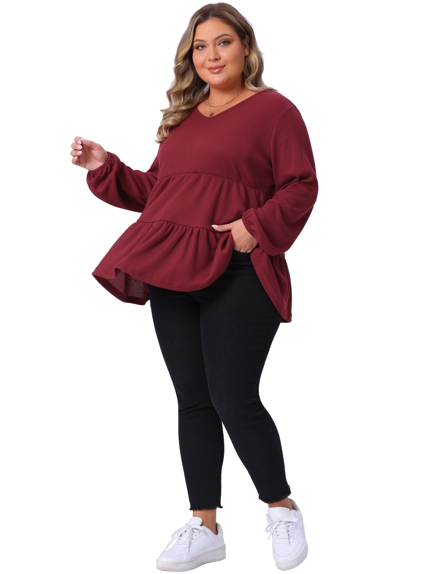 DARING DIVA Women's Plus Babydoll V Neck Ruffle Hem Peplum Blouse 1X Burgundy