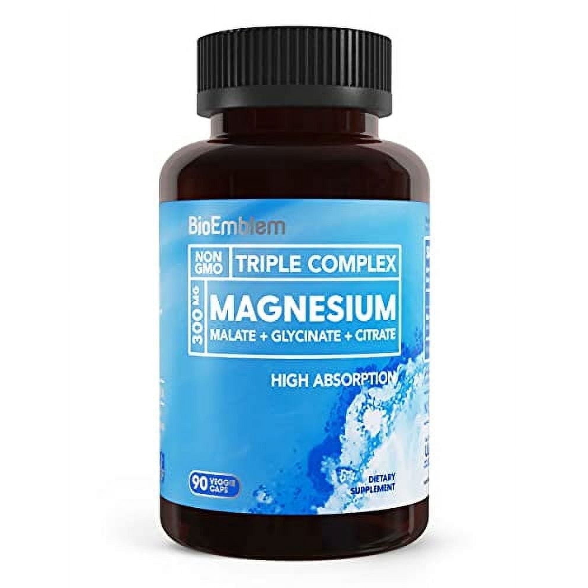 BioEmblem Triple Magnesium Complex | 300mg of Magnesium Glycinate, Malate, Citrate for Muscles, Nerves, Energy | High Absorption | Vegan, Non-GMO | 90 Capsules