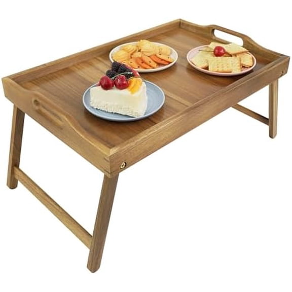 Acacia Bed Tray Table for Eating, Large Breakfast Tray with Folding Legs, Wood Serving Trays for Laptop Working