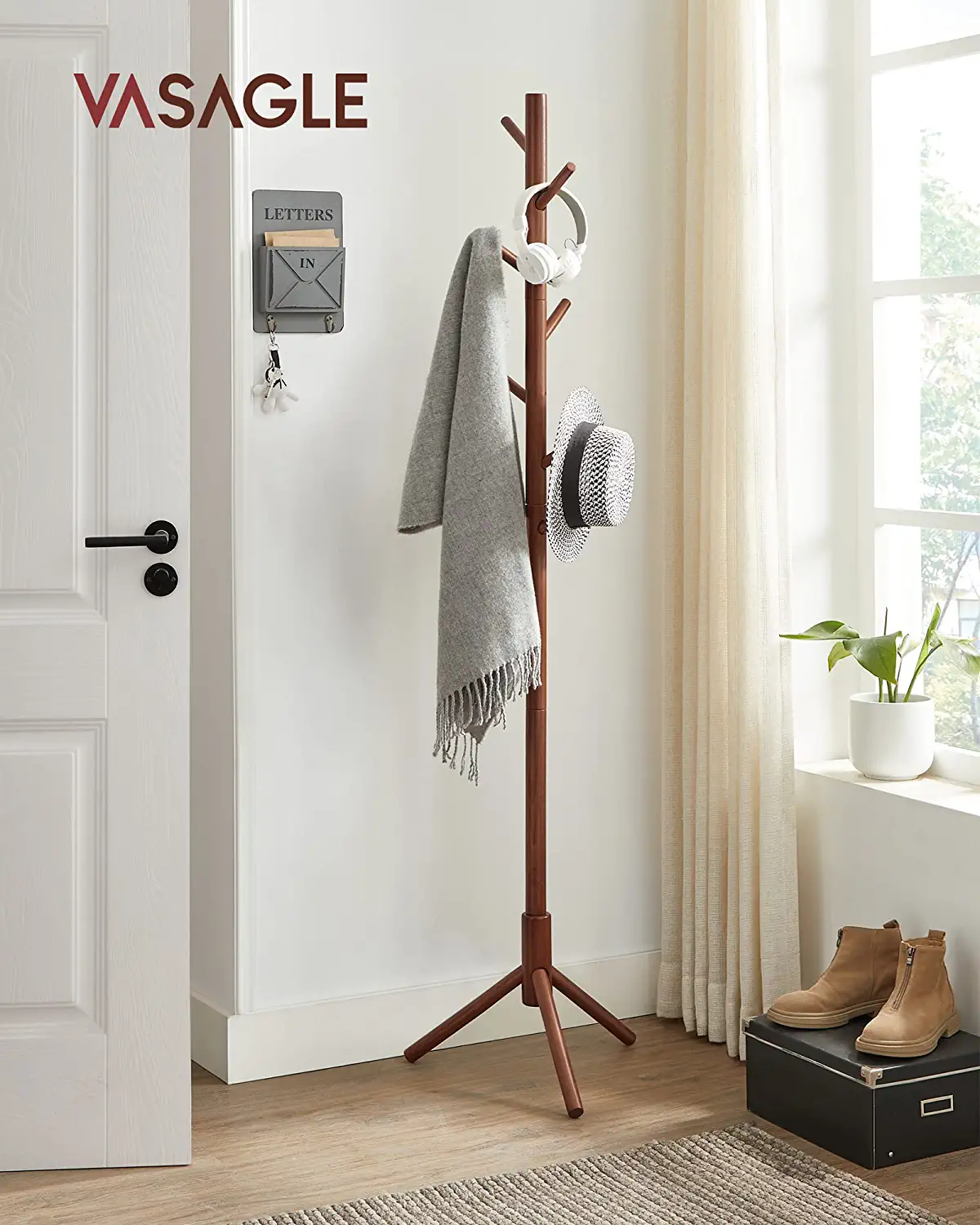 VASAGLE Coat Rack Solid Wood Free Standing Coat Rack TreeShaped Coat