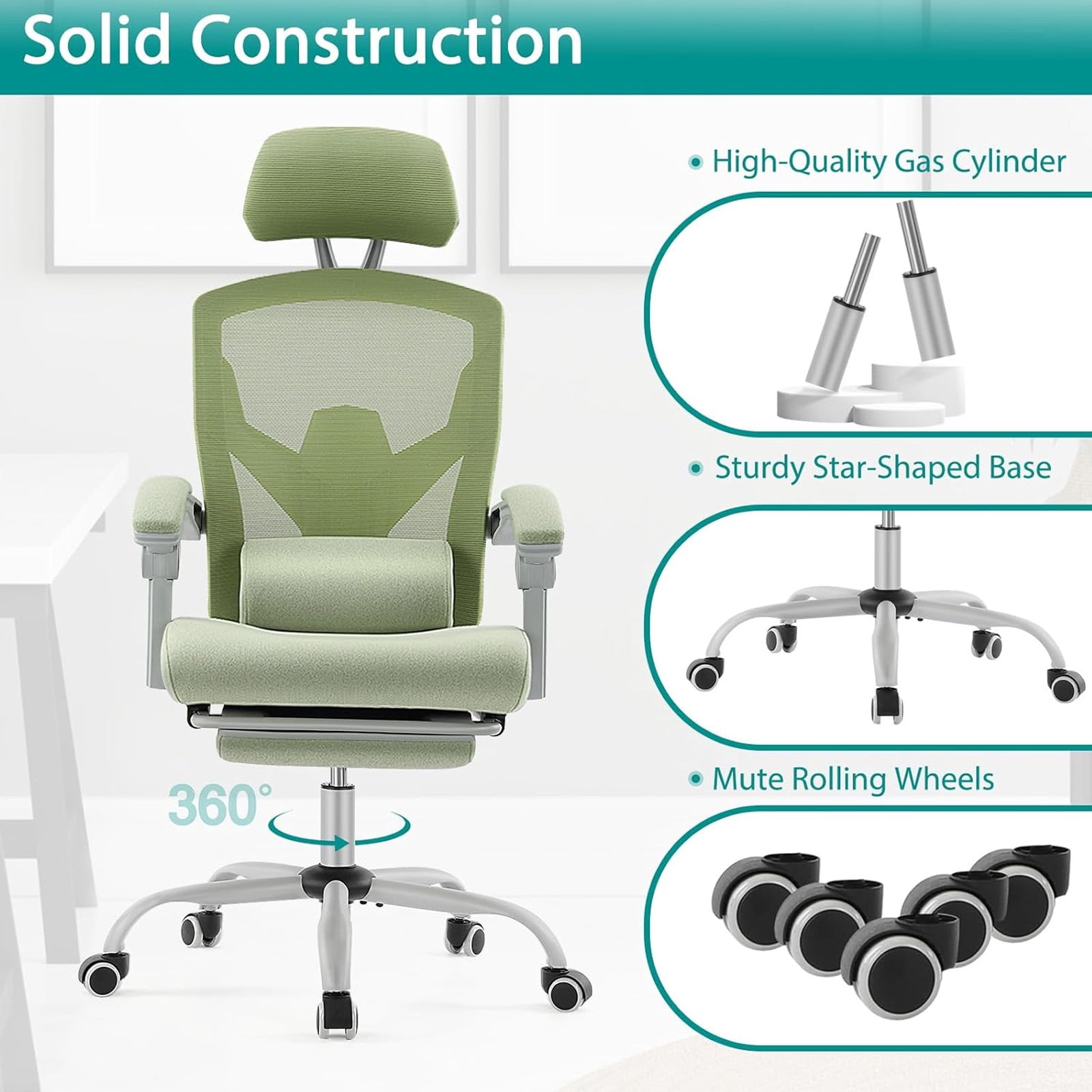 Casabay Ergonomic Home Office Desk Chair, High Back Mesh Reclining Swivel Chair with Footrest & Armrest for Back Pain Relief, Green
