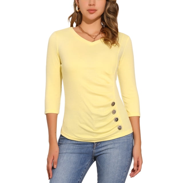 BLUSA RUCHADA PARA MUJERES CHIC DE INSPIRE, CON BOTONES, ESCOTE EN V, MANGA 3/4, TOP DE PUNTO SÓLIDO XL AMARILLO CLARO