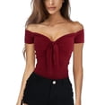 thumbnail image 1 of Blusa de verano para mujer con hombros descubiertos y manga corta, color puro, con lazo en la parte delantera, ajustada, 1 of 5