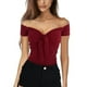 thumbnail image 1 of Blusa de verano para mujer con hombros descubiertos y manga corta, color puro, con lazo en la parte delantera, ajustada, 1 of 5