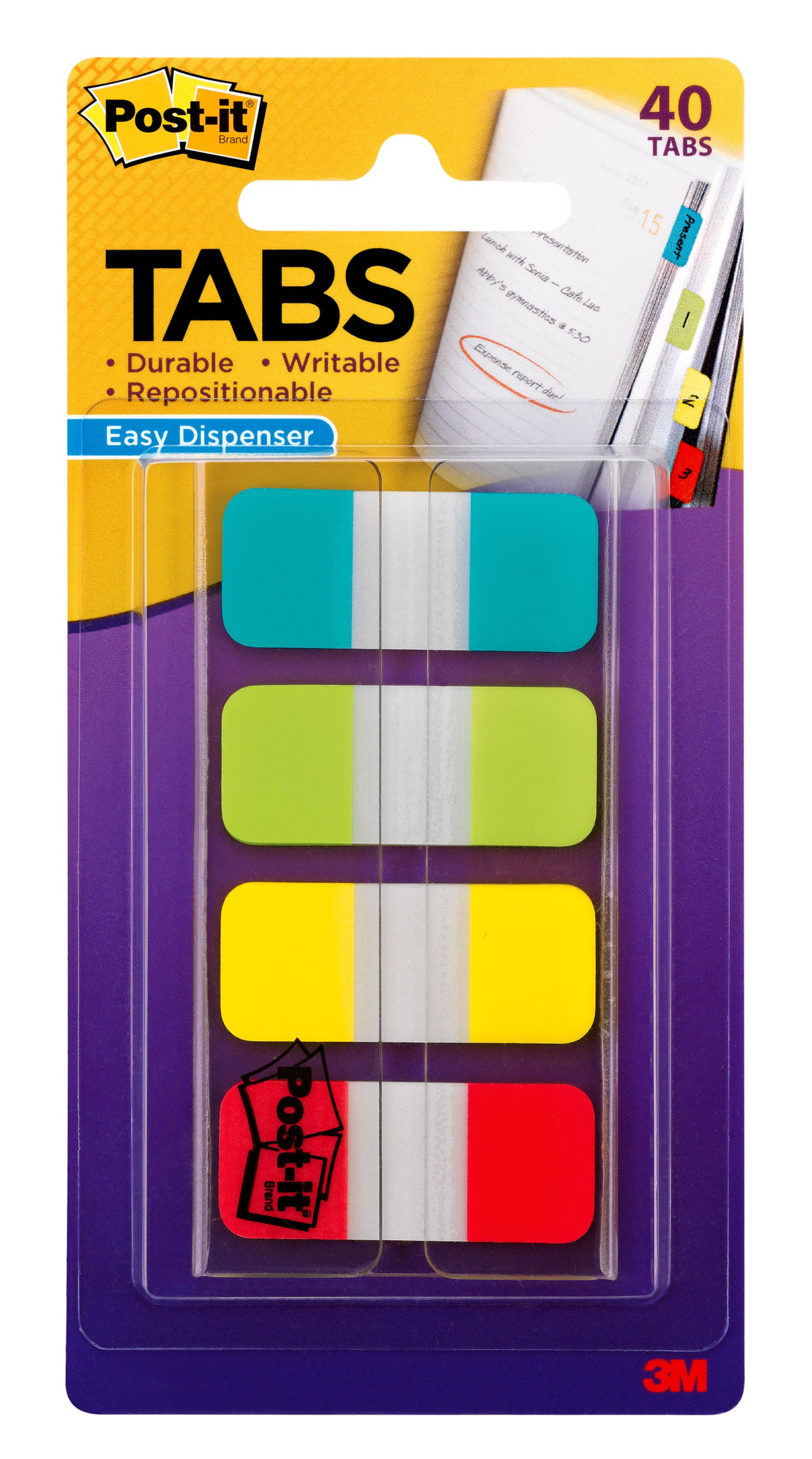 Post-it Tabs, .625', Aqua, Lime, Yellow, Red, 10/Color, 40/Dispenser