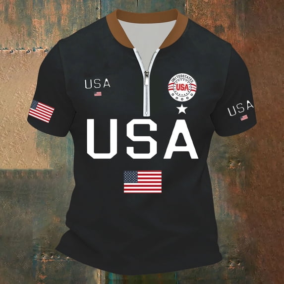Laipiong 250th Anniversary USA Shirts for Men Stand Collar and Half Zip Athletic Short Sleeve V Neck Tee Tops Soft Going Out Workout Gym Tops