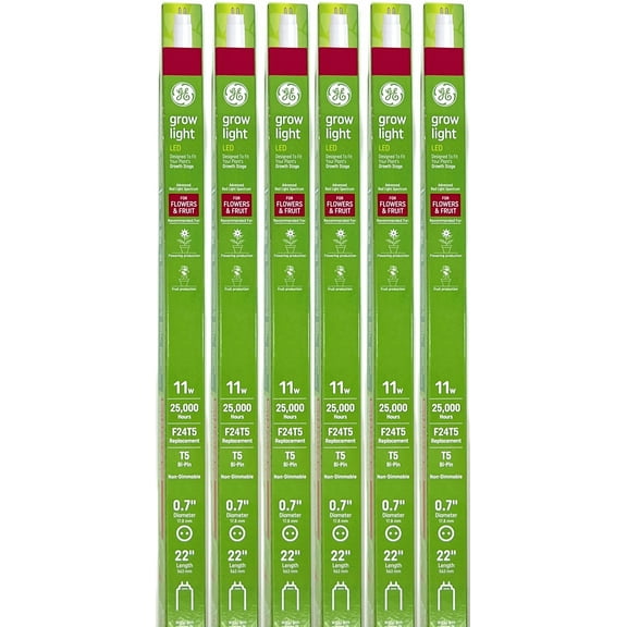 (case of 6) GE LED Grow Light for Indoor Plants, 22 inch T5, 11 watts, 800 lumens, Advanced red-light Spectrum for Flowers & Fruit, High Output 20 PPF, replaces F24T5, Mini Bi-Pin base