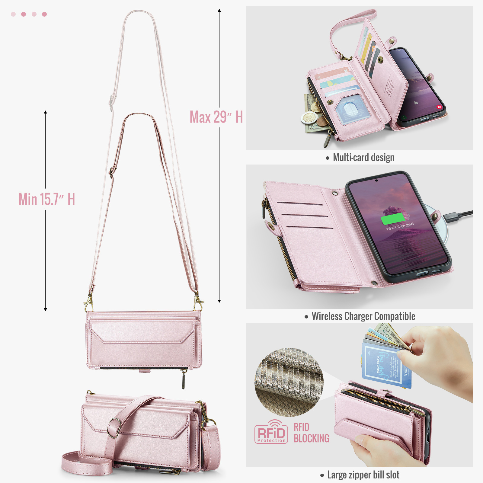 Compatible with Samsung Galaxy S24 FE 5G Zipper Wallet Phone Case Tempered Glass Screen Protector Crossbody Lanyard Strap Flip Card Holder Slot Cell Cover for S 24 EF AI S24FE 24S Women Rose Gold