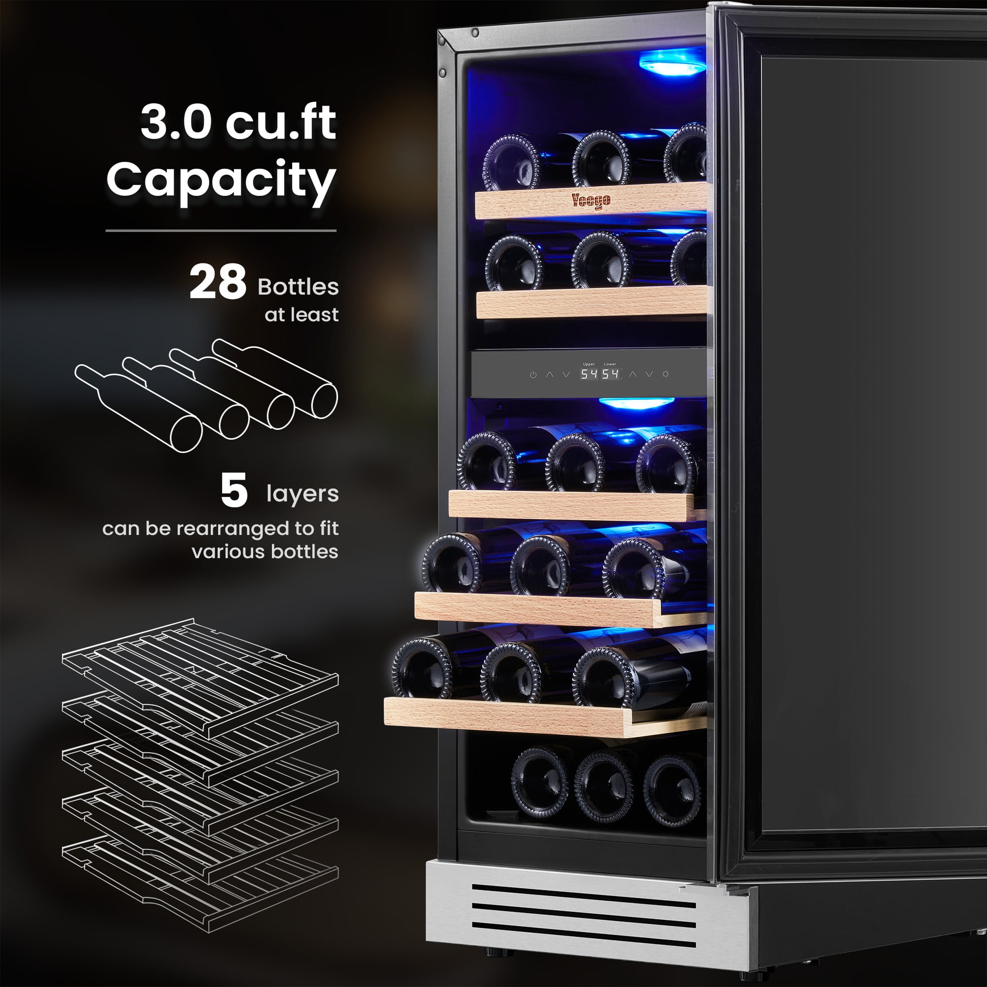 Yeego 15" Wine Refrigerator Cooler, 28 Bottle Dual Zone Wine Fridge Built-in or Freestanding with Stainless Steel Tempered Glass Door for Home/Office