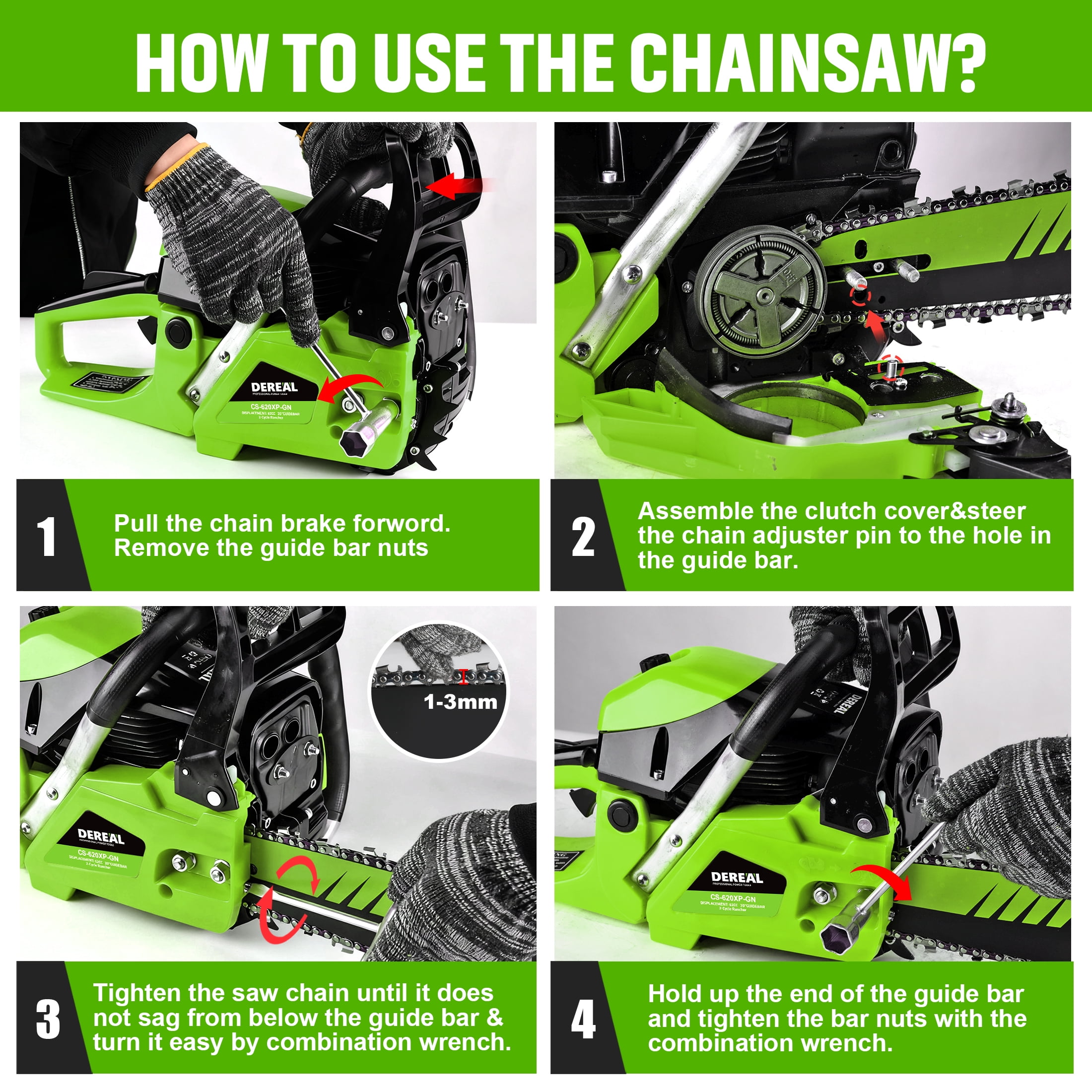 20-Inch 62CC 2-Stroke Gas Chainsaw, Heavy-Duty Gas Powered Wood Cutting Saw with Automatic Oiler & Easy Start for Farm & Home Use 620XP Green