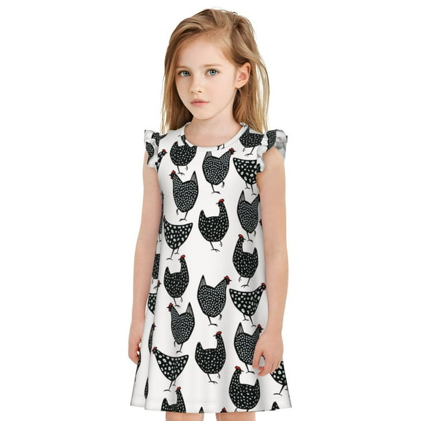 Fotbe Retro Rooster Vestido de Dormir para Niñas de 3 a 10 Años, Mangas Cortas, Estilo Princesa, Pijama Camisón con Mangas Voladas-Large