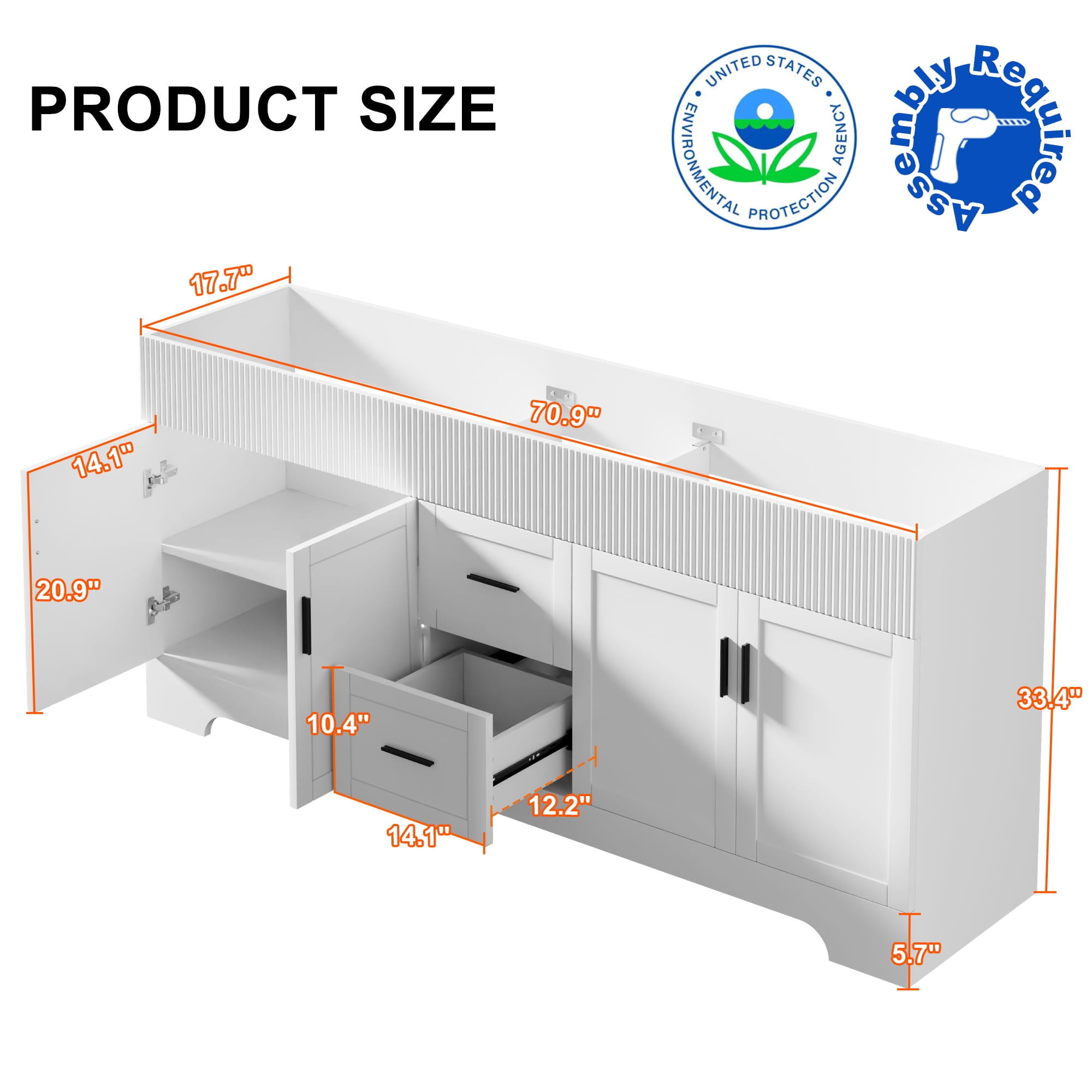 72" Freestanding Double Sink Bathroom Vanity Cabinet Base Only, Hand-Painted, Sink Not Included