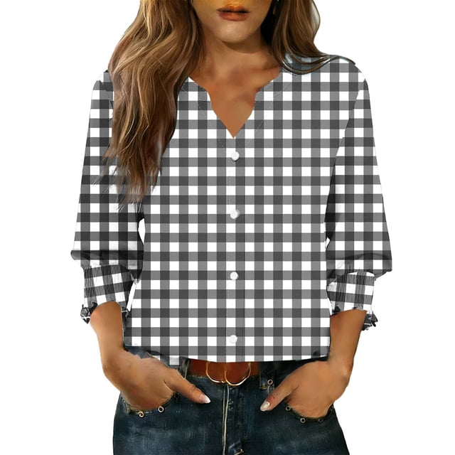 Camisas de Cuello de Tripulación de Manga Corta para las Mujeres, Cardigan con Cuello en V con Mangas 3/4