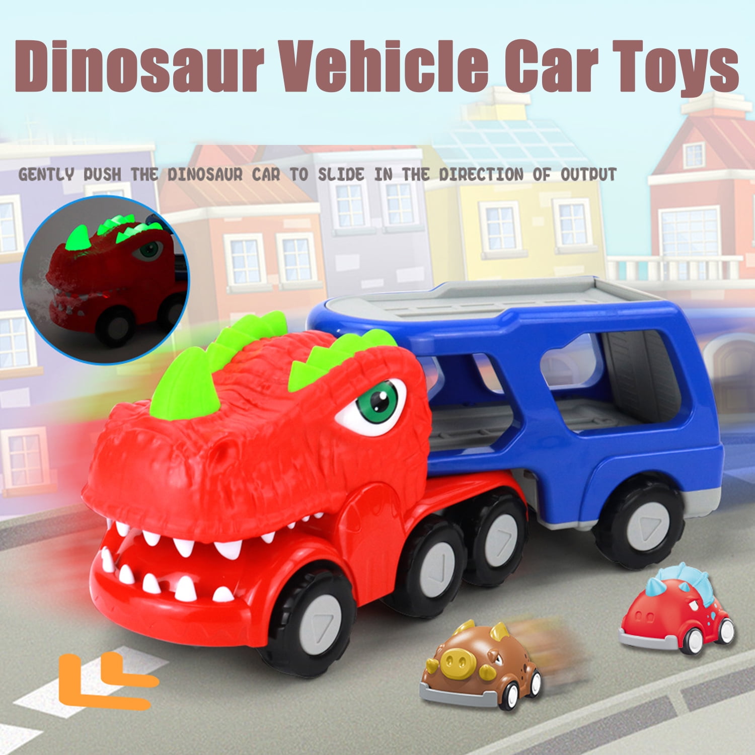 Sytle-Carry 5-in-1 Dinosaur Vehicle Car Toys for Toddlers, Dinosaur Truck Toys for Kids Girls Boys 3-6 Years, Friction Power Vehicle Christmas Birthday Gift