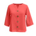 thumbnail image 5 of Women's V Neck 3/4 Sleeve Cotton Linen Button Down Blouse, Loose Relaxed Fit Shirt with Rolled Cuff, for Summer Daily Wear or Beach Vacation Outfits Red, 5 of 5