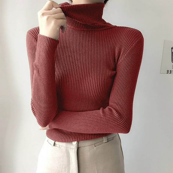 Fanxing Women's Turtleneck Sweaters Long Sleeve Ribbed Slim Fitted Tops Casual Fall Fashion Basic Layering Knit Jumper Wine Free Size