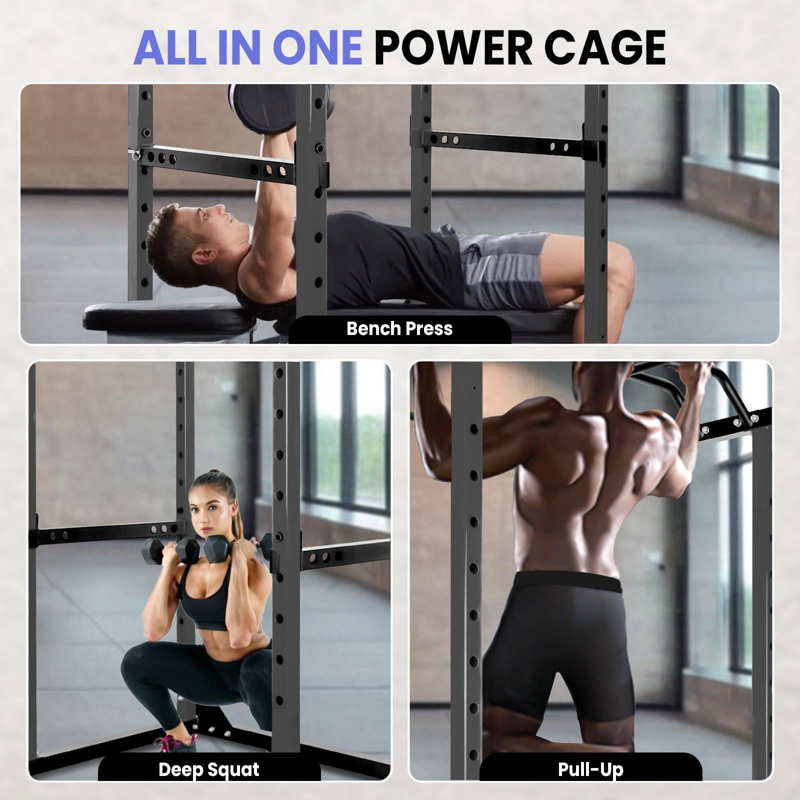 Thickened Steel Power Cage, Reinforced Workout Rack with 2"x2" Square Frame for Home Gym, Garage Workout, Personal Training Space
