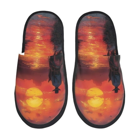 Balery Sunset River Western Cowboy Slient Indoor Furry Fleece Comfort House Shoes Soft Non-Slip Home Shoes Cotton slippers House Slippers-- Medium