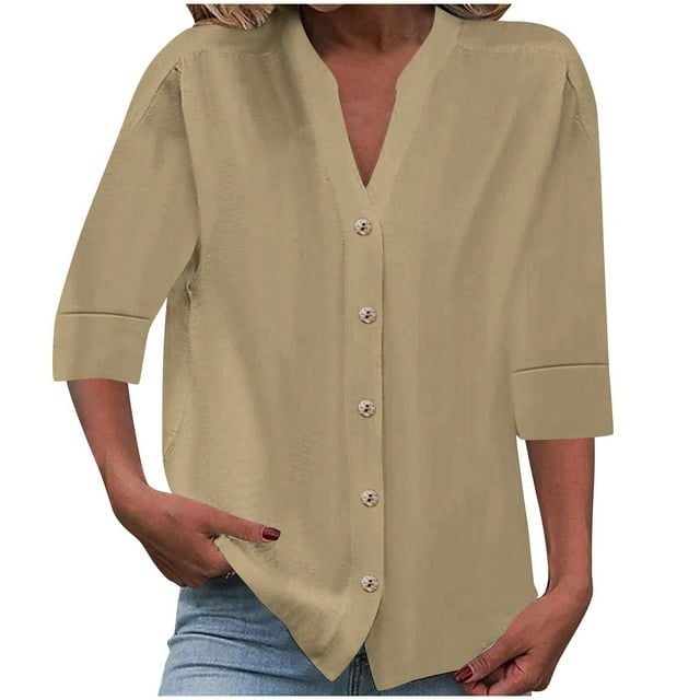 Timegard Womens Tops 1/2 Sleeve V Neck Button down Shirts Casual Loose Lightweight Blouse Solid Color