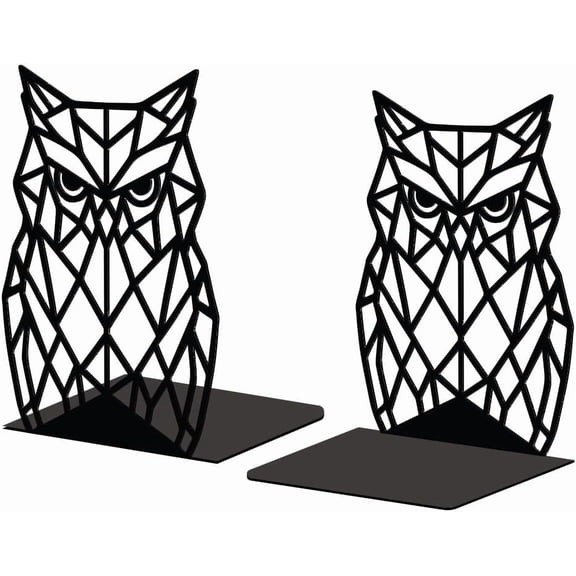 Metal Bookends for Shelves Modern Decorative Heavy Duty Study Book Support Stoppers for Office Desk Shelf Room 5.3"x4.3"x7.1" Cast Iron Simple Tall Bookends 1 Pair (Geometric Owl) Black