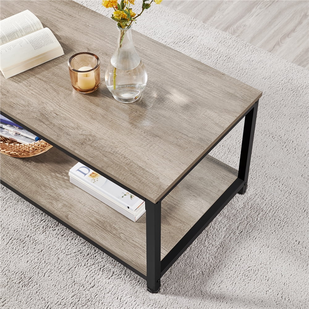 Alden Design Industrial Coffee Table with Storage Shelf for Living Room, Rustic Gray